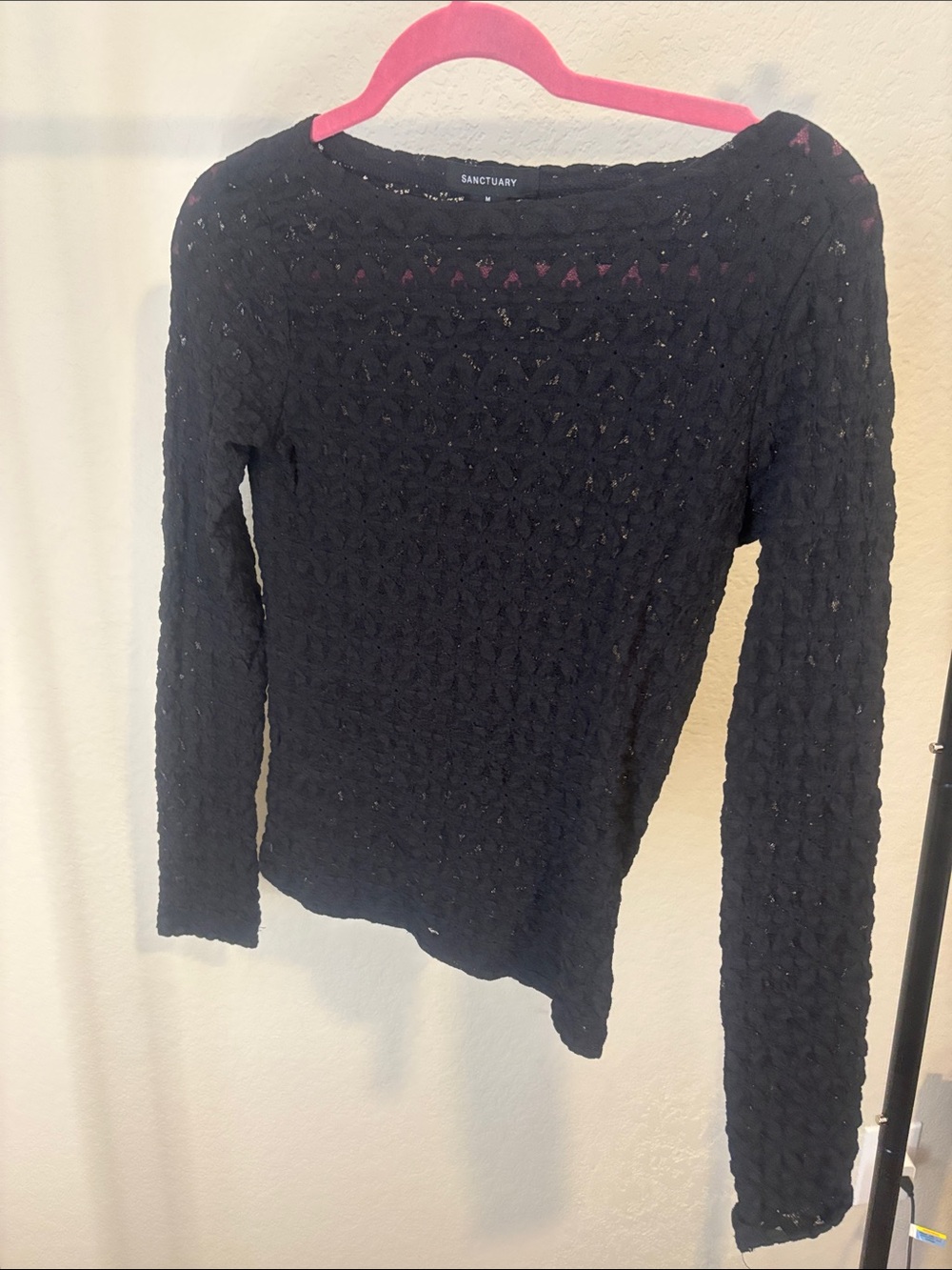 Sanctuary Black Open-Knit Crewneck Sweater